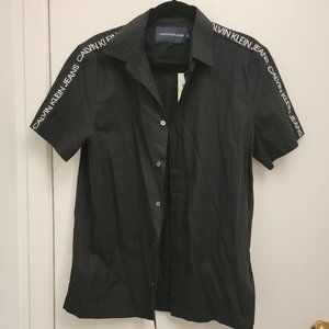 Calvin Klein black button-down with white lettering on shoulder sleeve